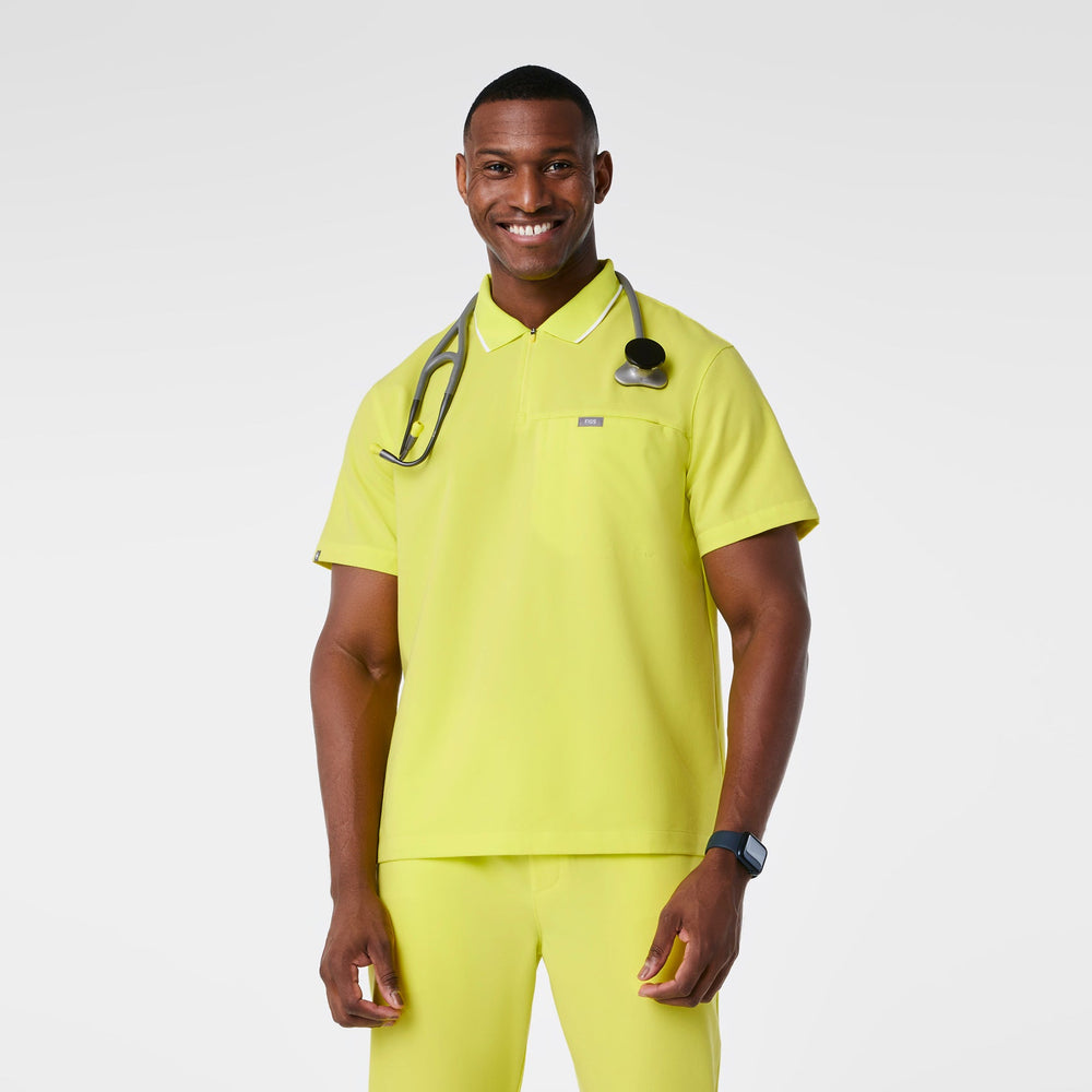 men's Serving Lime Jasper Polo - Scrub Top  ( White Stripe Collar)
