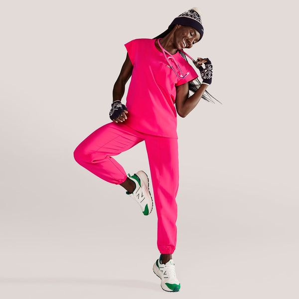 women's Shocking Pink High-Rise Rio Relaxed Jogger Petite Scrub Pant