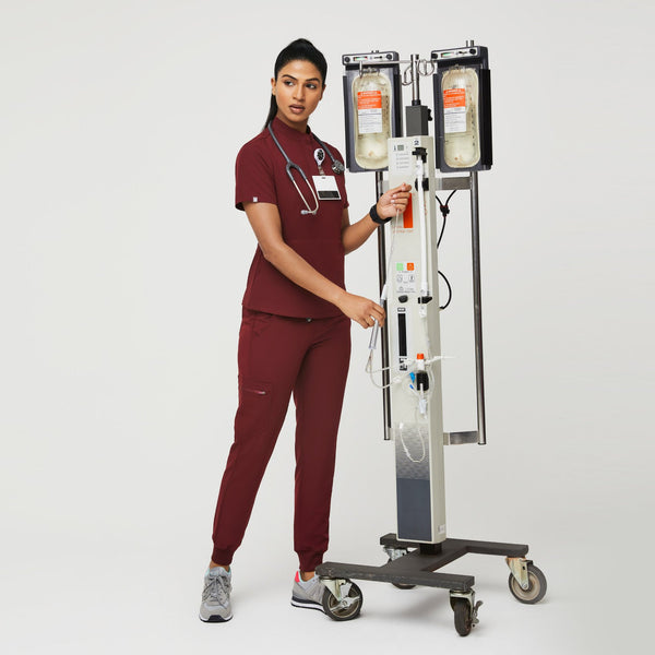 women's Burgundy Insiza - Slim Mandarin Collar Scrub Top