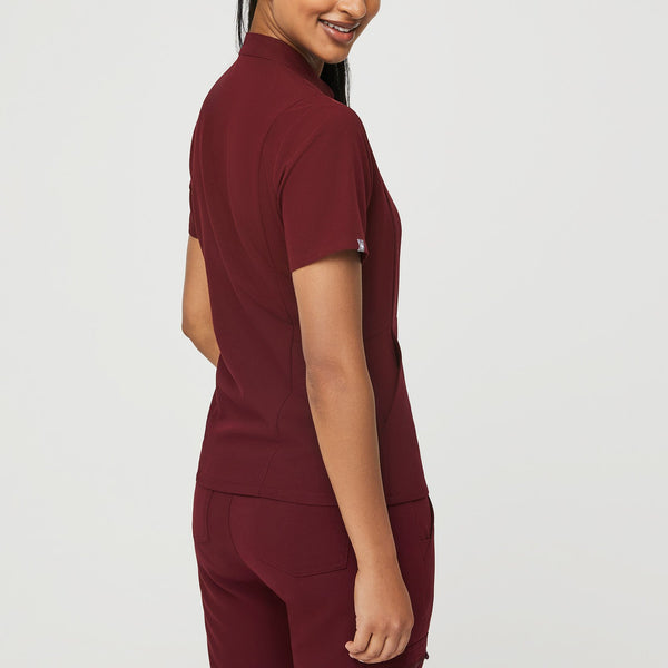women's Burgundy Insiza - Slim Mandarin Collar Scrub Top