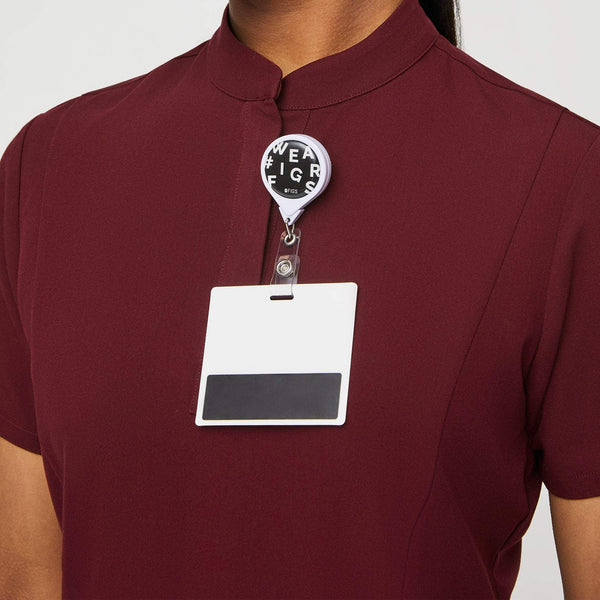 women's Burgundy Insiza - Slim Mandarin Collar Scrub Top