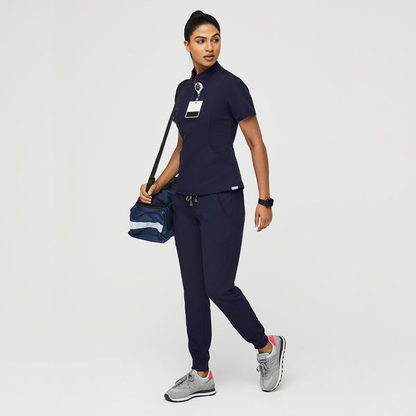 women's Navy Insiza - Slim Mandarin Collar Scrub Top