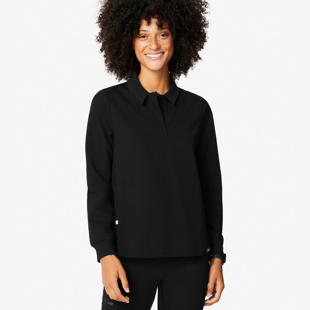 women's Black Igava - Long-Sleeve Polo Scrub Top