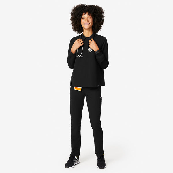 women's Black Igava - Long-Sleeve Polo Scrub Top