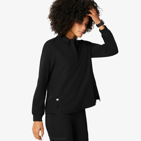 women's Black Igava - Long-Sleeve Polo Scrub Top