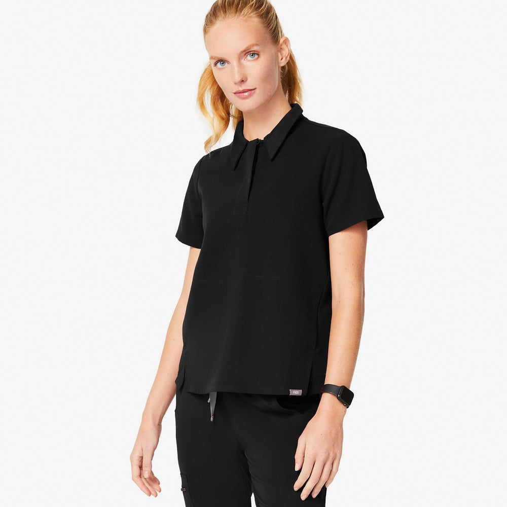 women's Black Igava - Short-Sleeve Polo Scrub Top