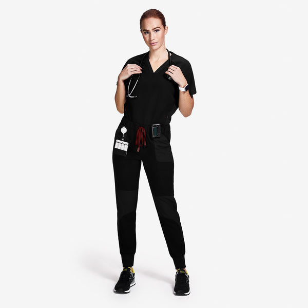 women's Black Mickey Mouse - V-Neck Scrub Top
