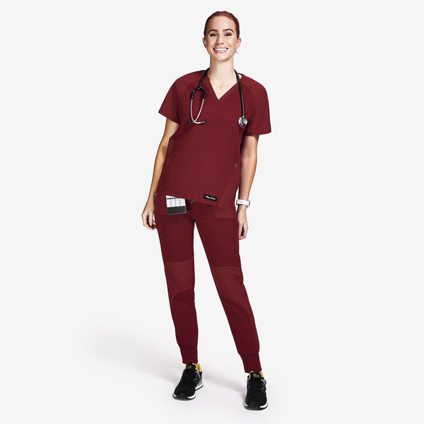 women's Burgundy Mickey Mouse - V-Neck Scrub Top